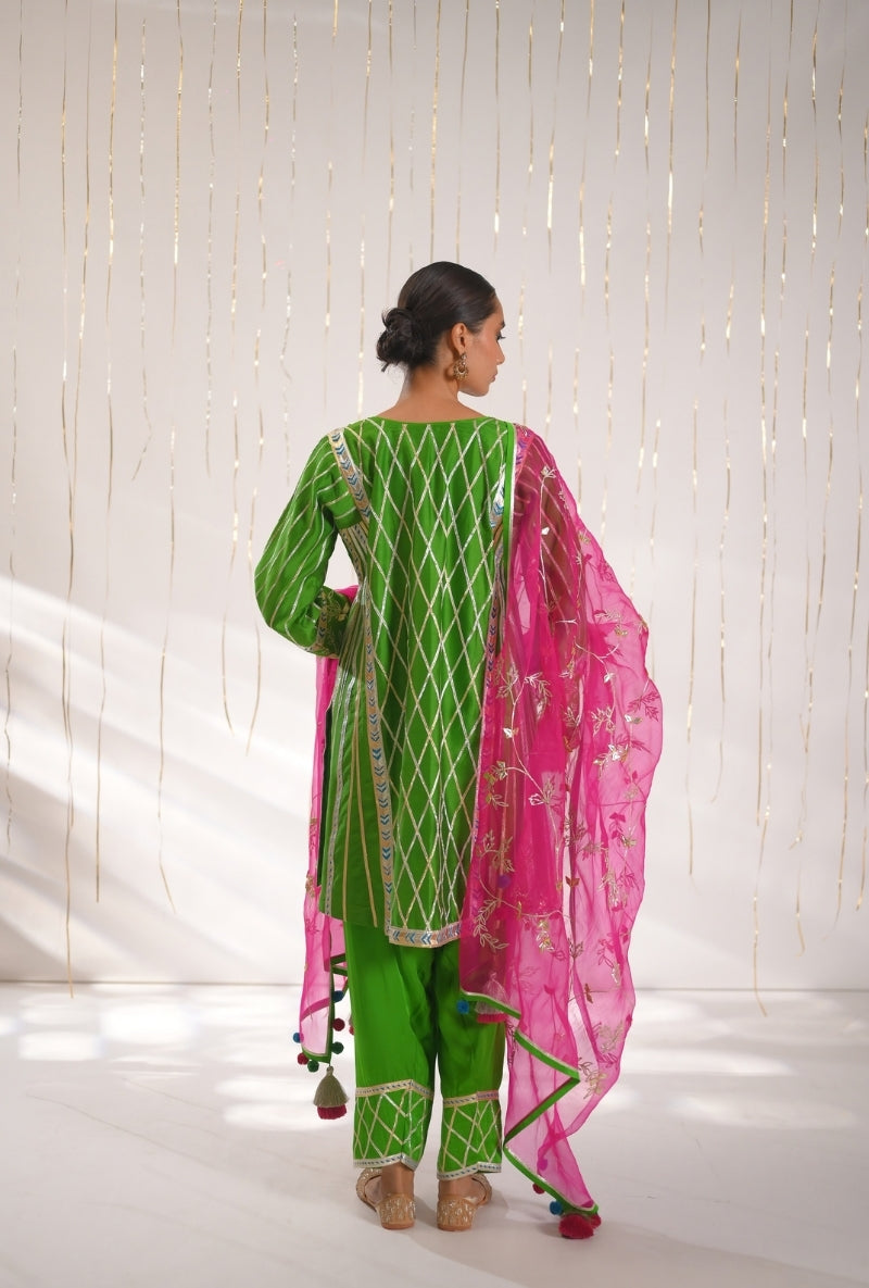 Grass Green Gota Lace Patti Short Mehreen Kurta Set