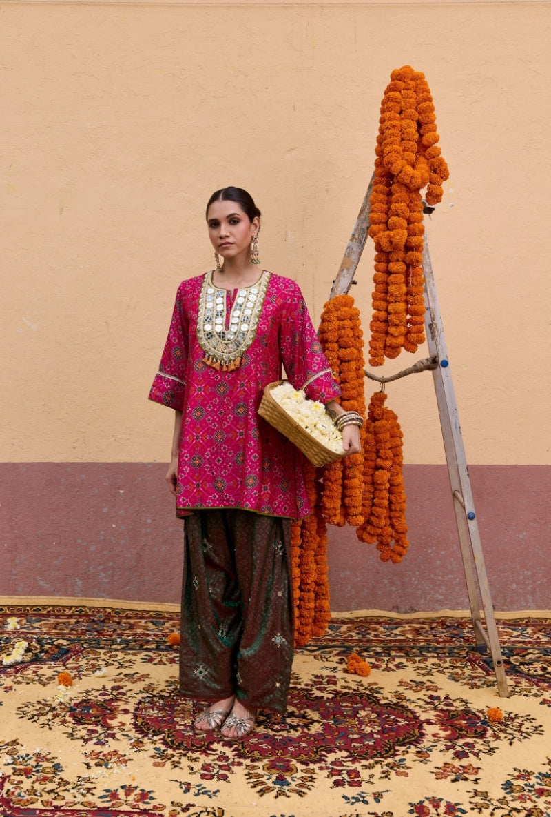 Pink Embroidered Yoke Patola Oorja Salwar Set