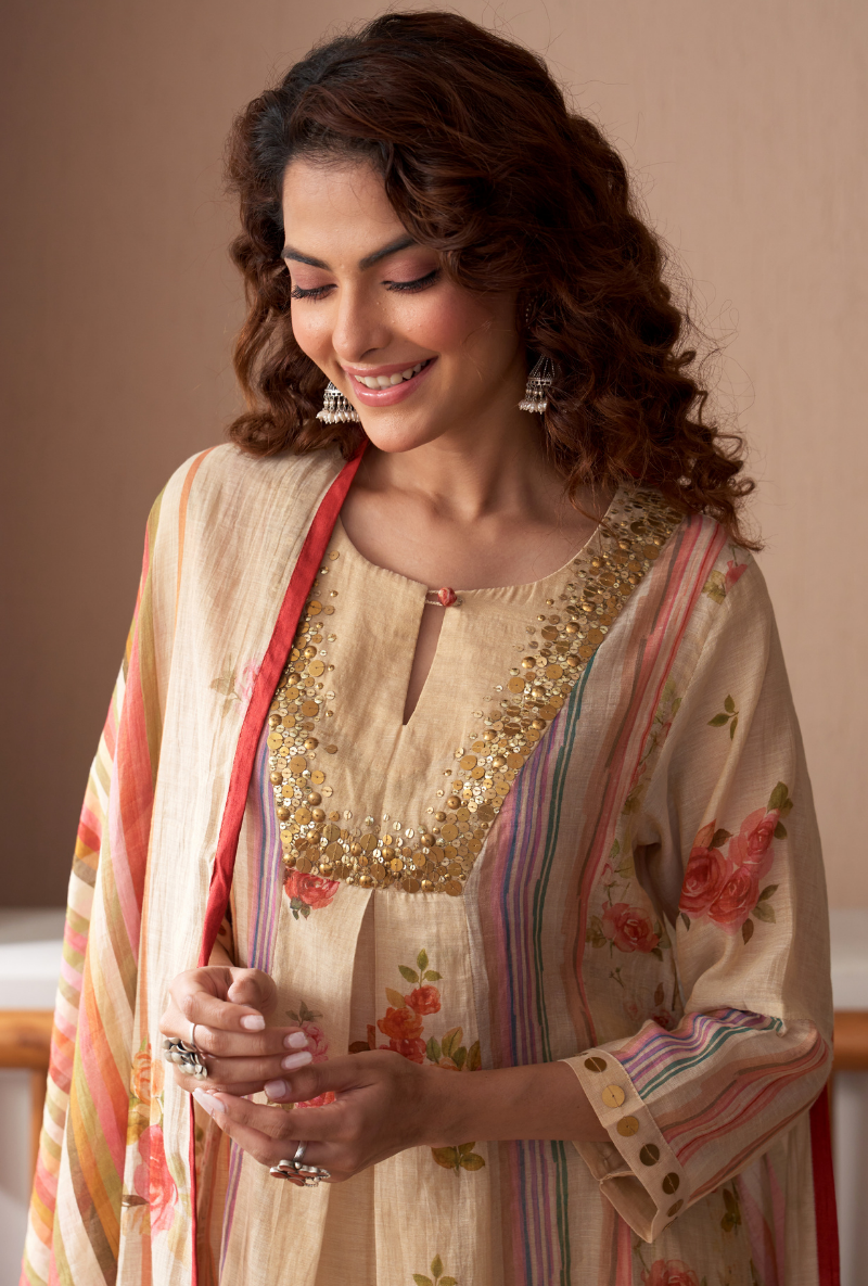 Ivory Sequin Yoke Bageecha Anarkali Set