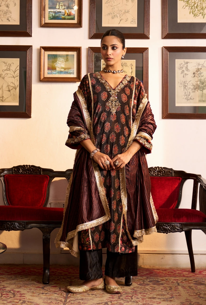 Charcoal Black Printed Panel Dilbar Kurta Set