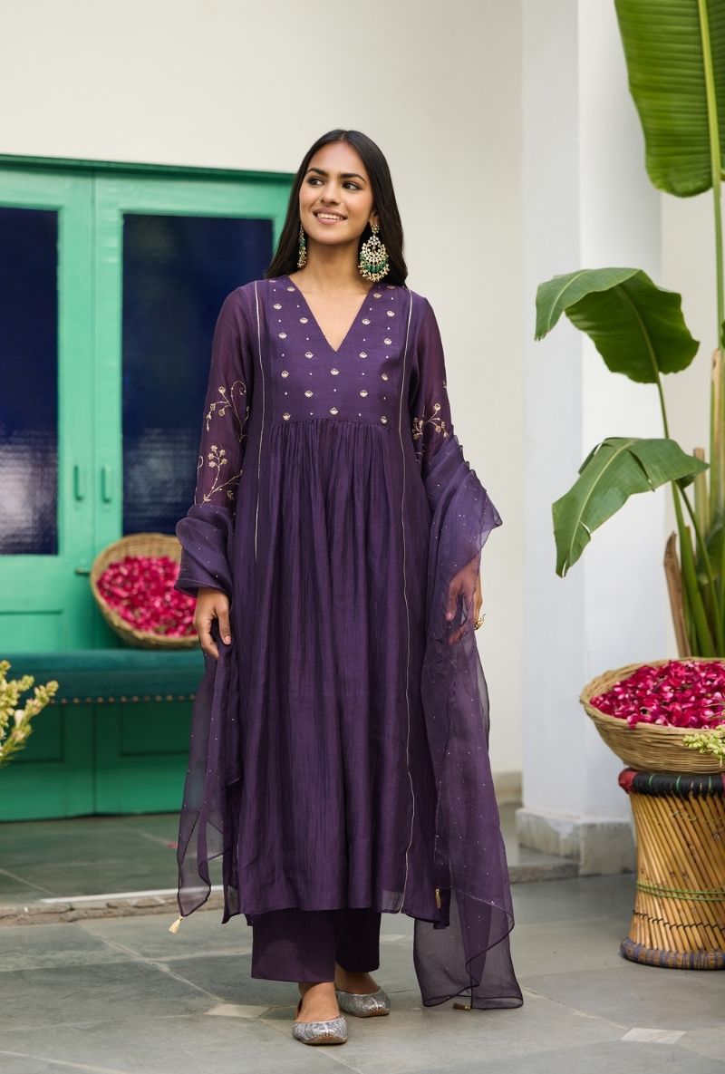 Purple Embroidered Front Gather Urvi Kurta Set
