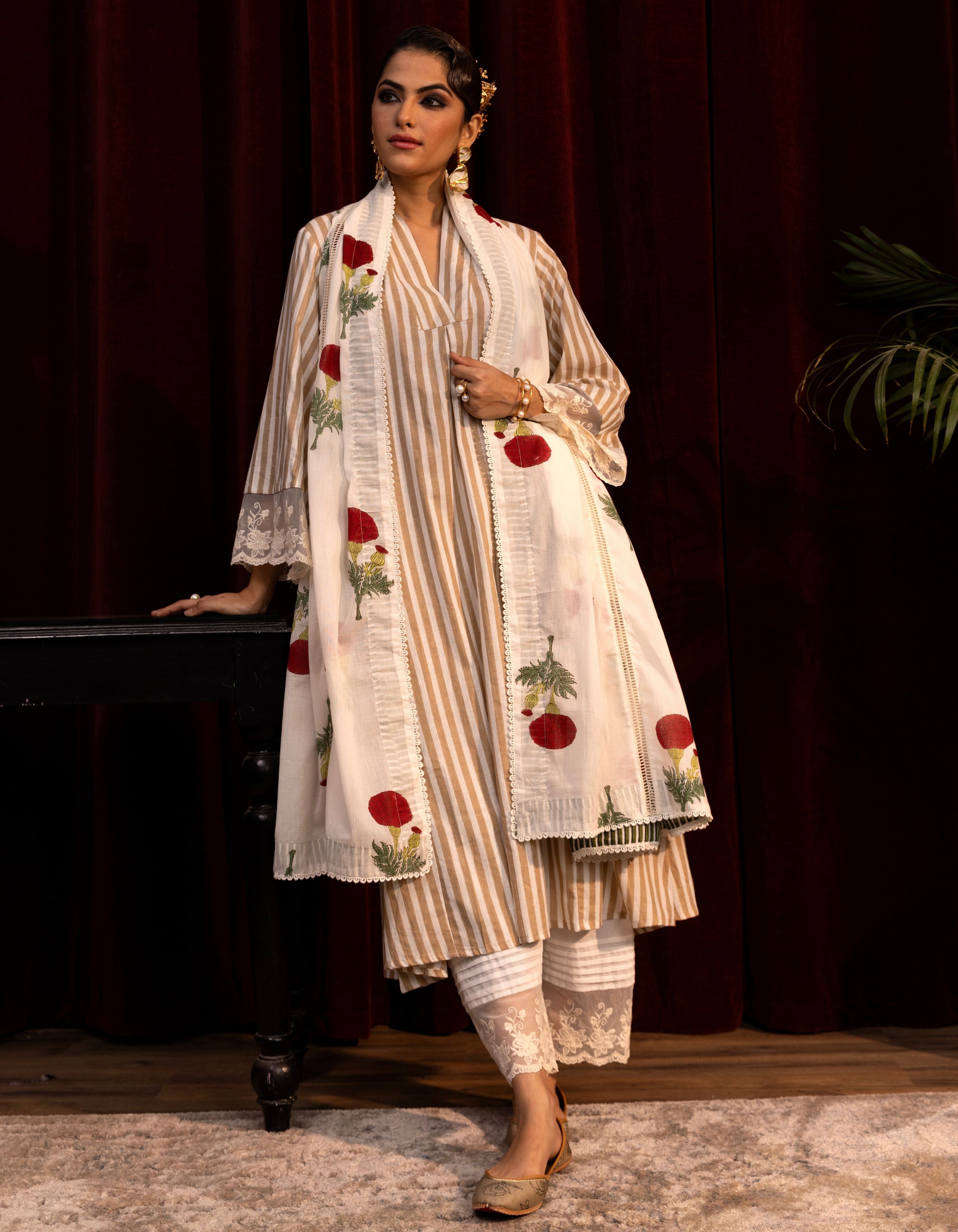Beige and White Stripes Block Print Mogra Kurta  Set