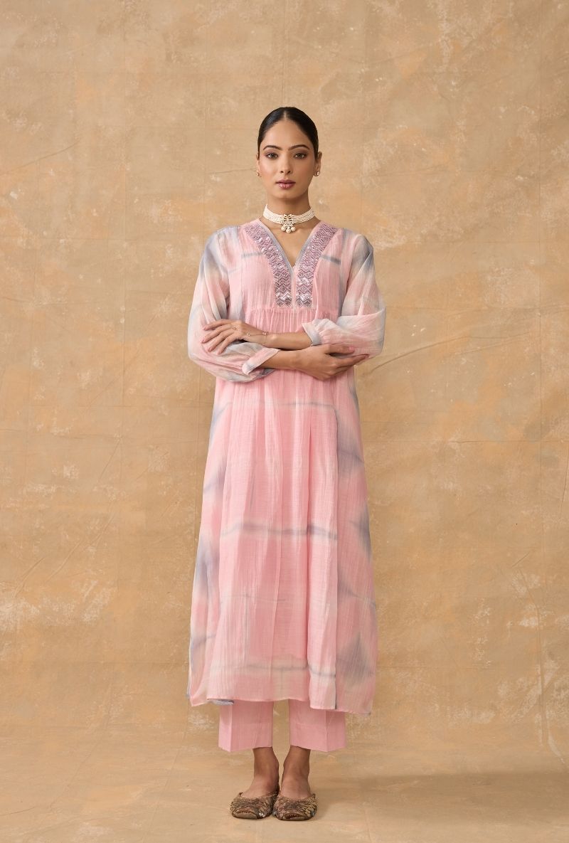 Pink Beaded Neck Clamp Dye Ruhi 2.0  Kurta Set