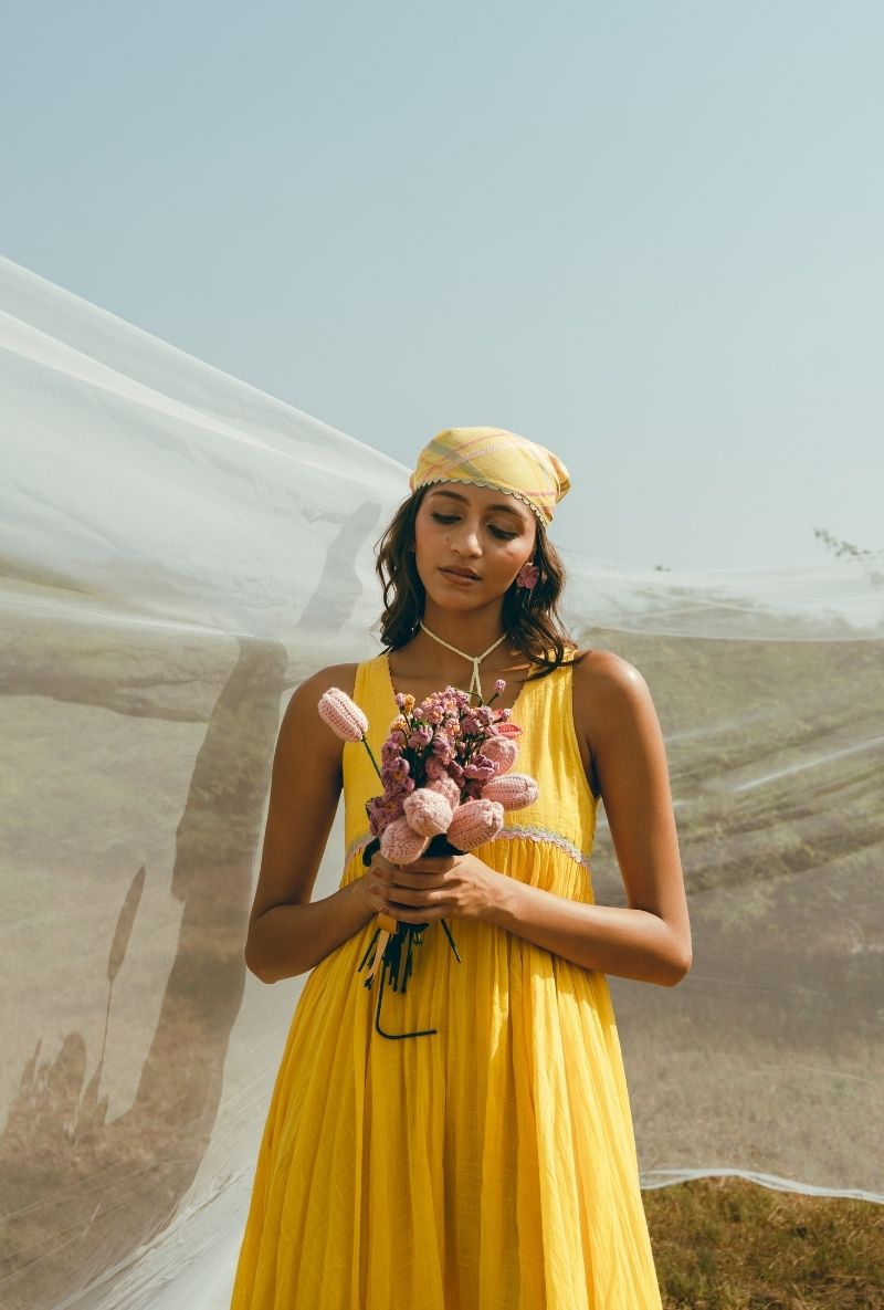Yellow V-Neck Flared Barfi Dress