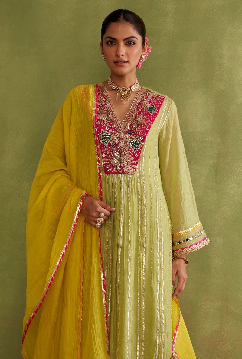 Mint Green Embroidered Overlap Morbagh Kurta Set