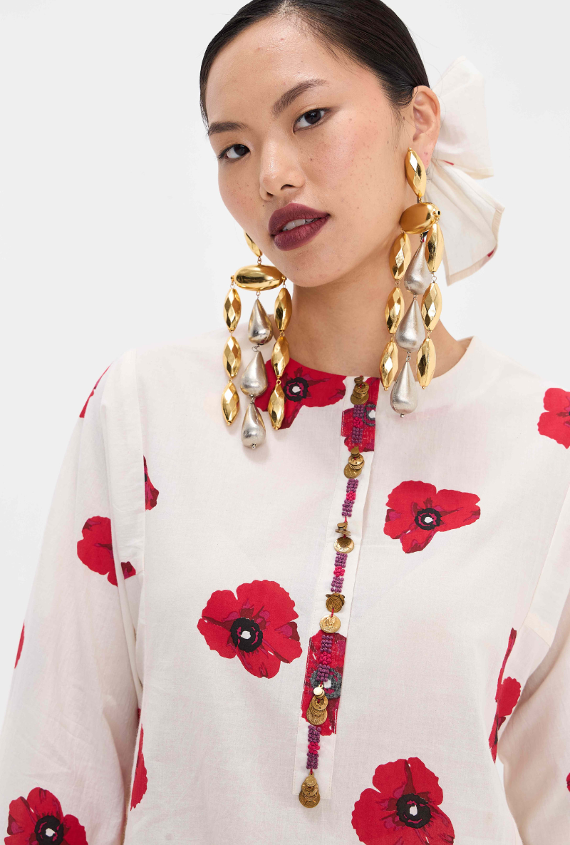 White Hand Embroidered Poppy Love Letters Kurta Set