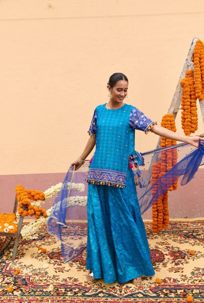 Blue Mirror Work Oorja Sharara Set