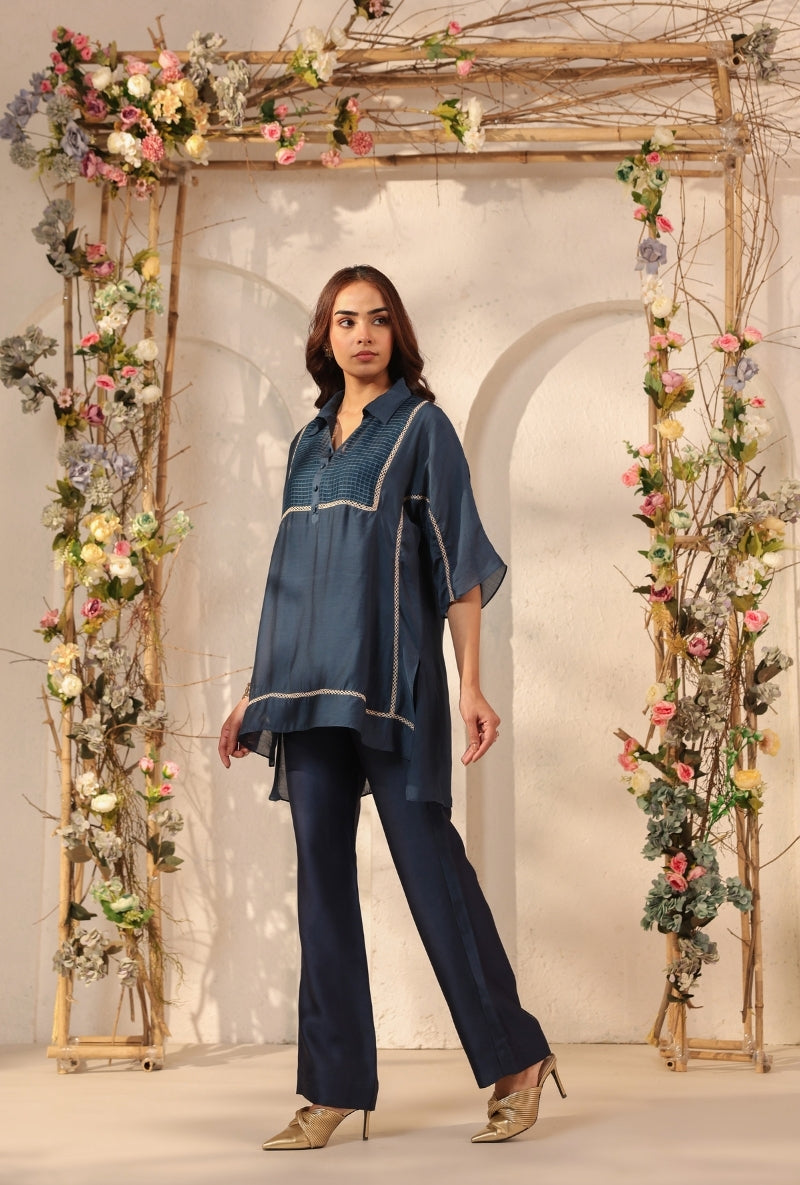 Dark Blue Collar Saaz Co-Ord Set