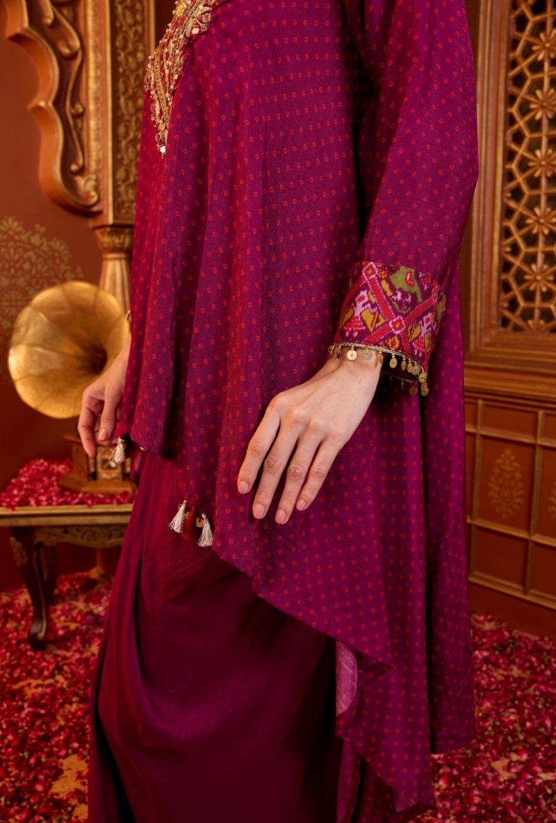 Wine Heavy Embroidered Yoke Bandhani Print Oorja Skirt Set