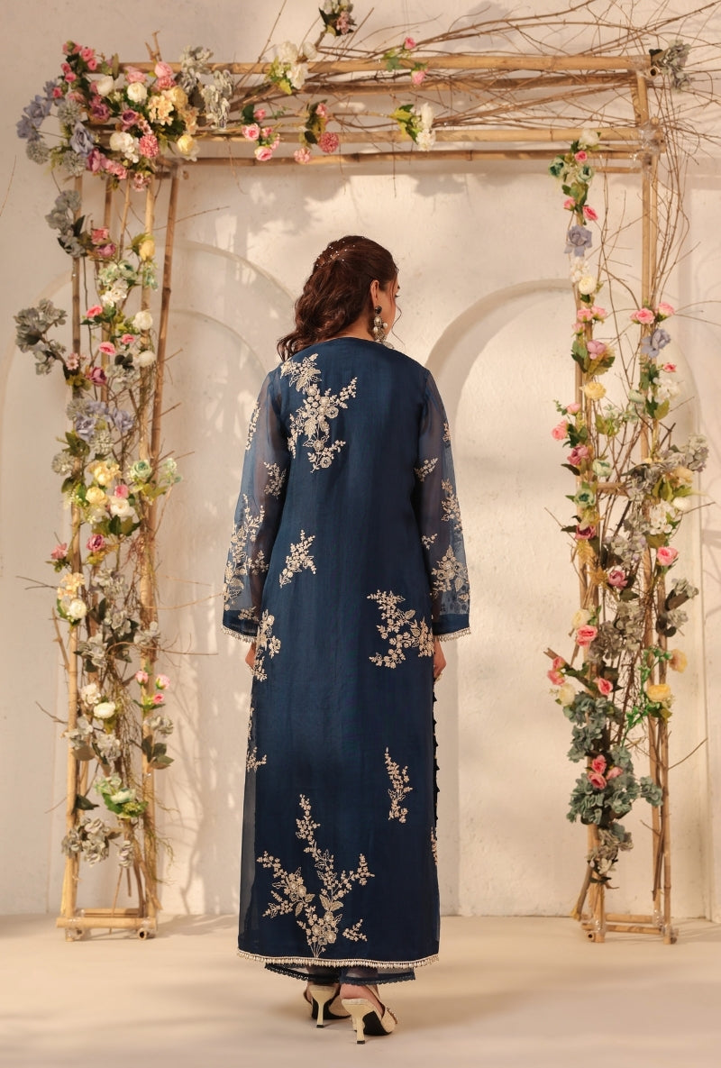 Dark Blue Jaal Straight Saaz Kurta Set