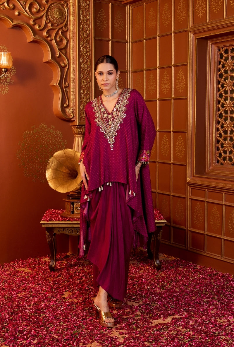 Wine Heavy Embroidered Yoke Bandhani Print Oorja Skirt Set