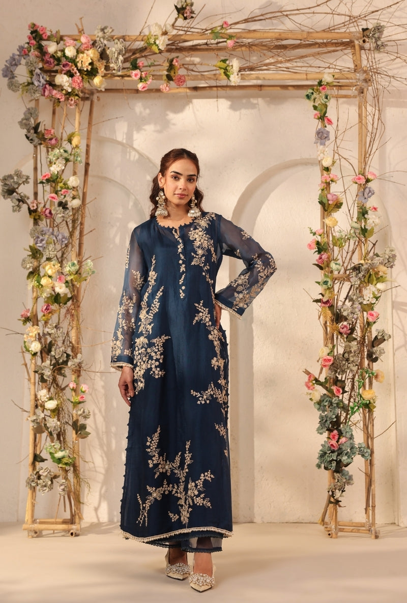 Dark Blue Jaal Straight Saaz Kurta Set