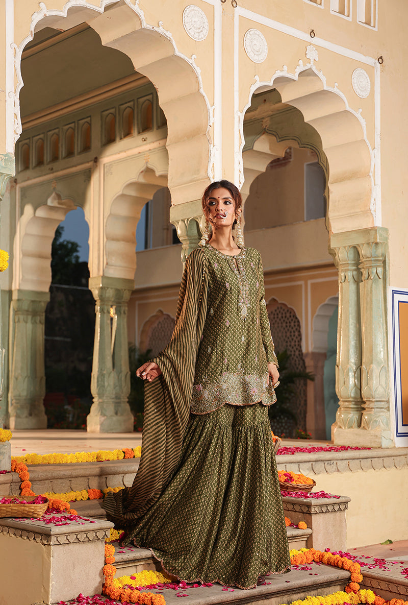 Olive Green Printed Raag Sharara Set