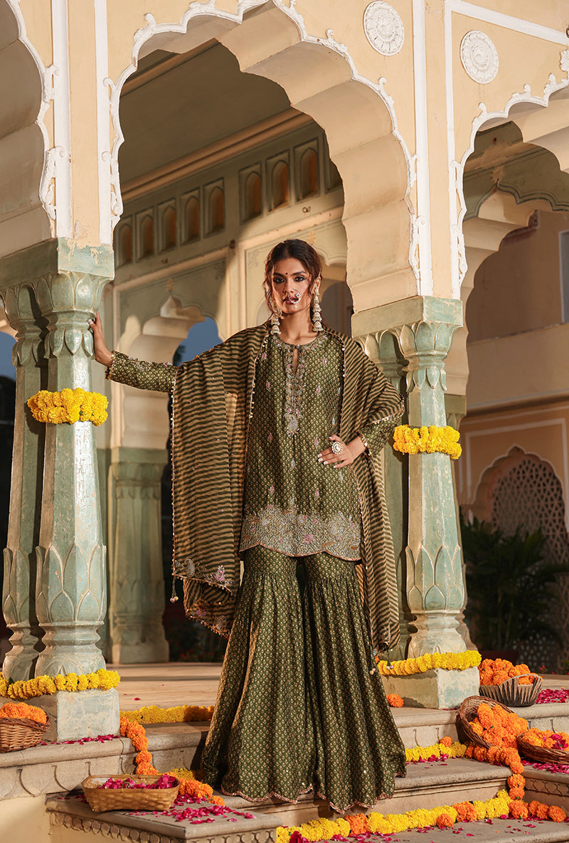 Olive Green Printed Raag Sharara Set