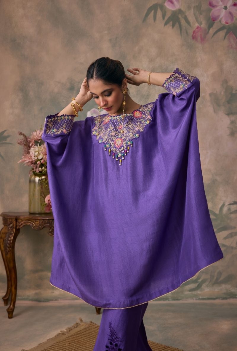 Purple Embroidered Neck Jalsa Kaftan  Set