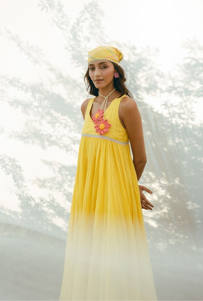 Yellow V-Neck Flared Barfi Dress
