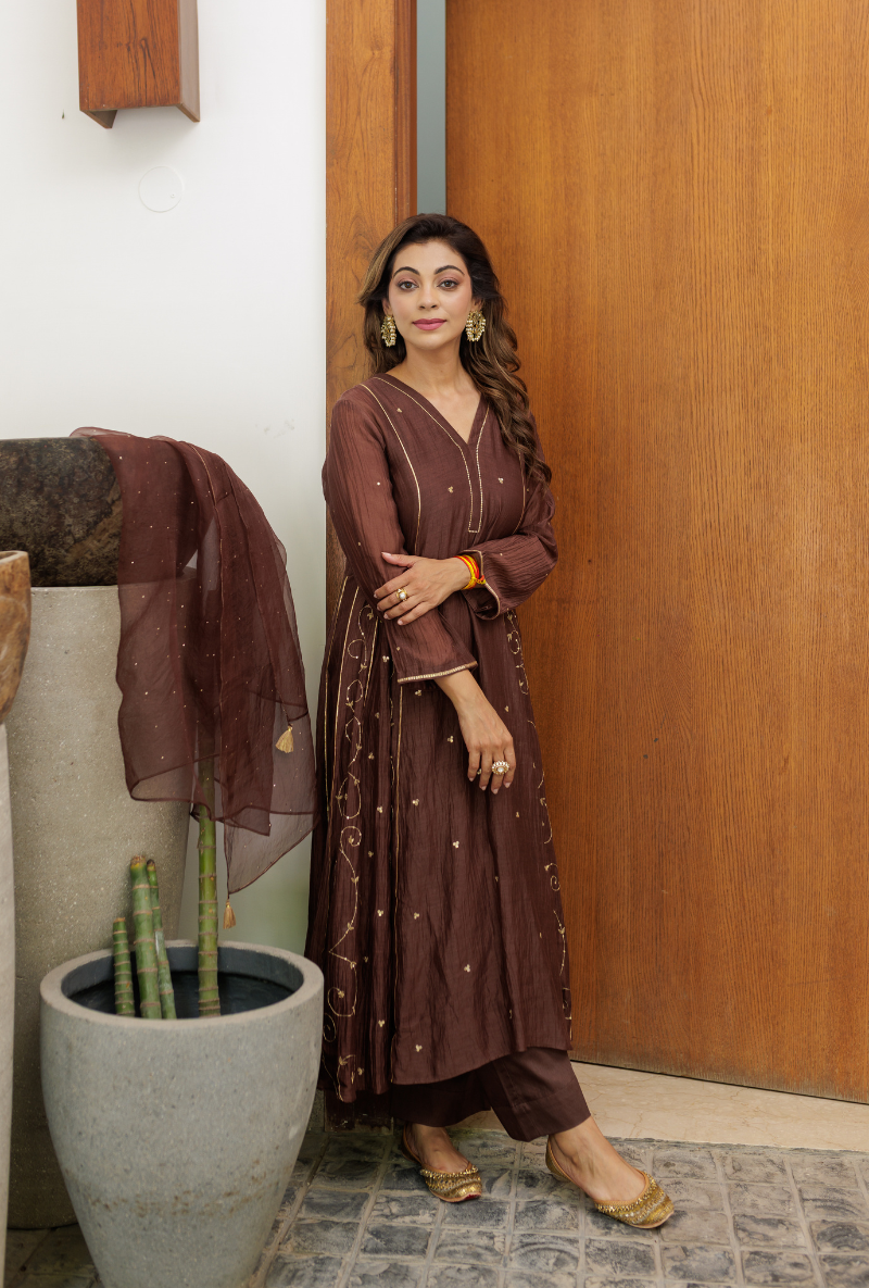 Meghna Nayyar in Brown Embroidered Side Panels Urvi Kurta Set