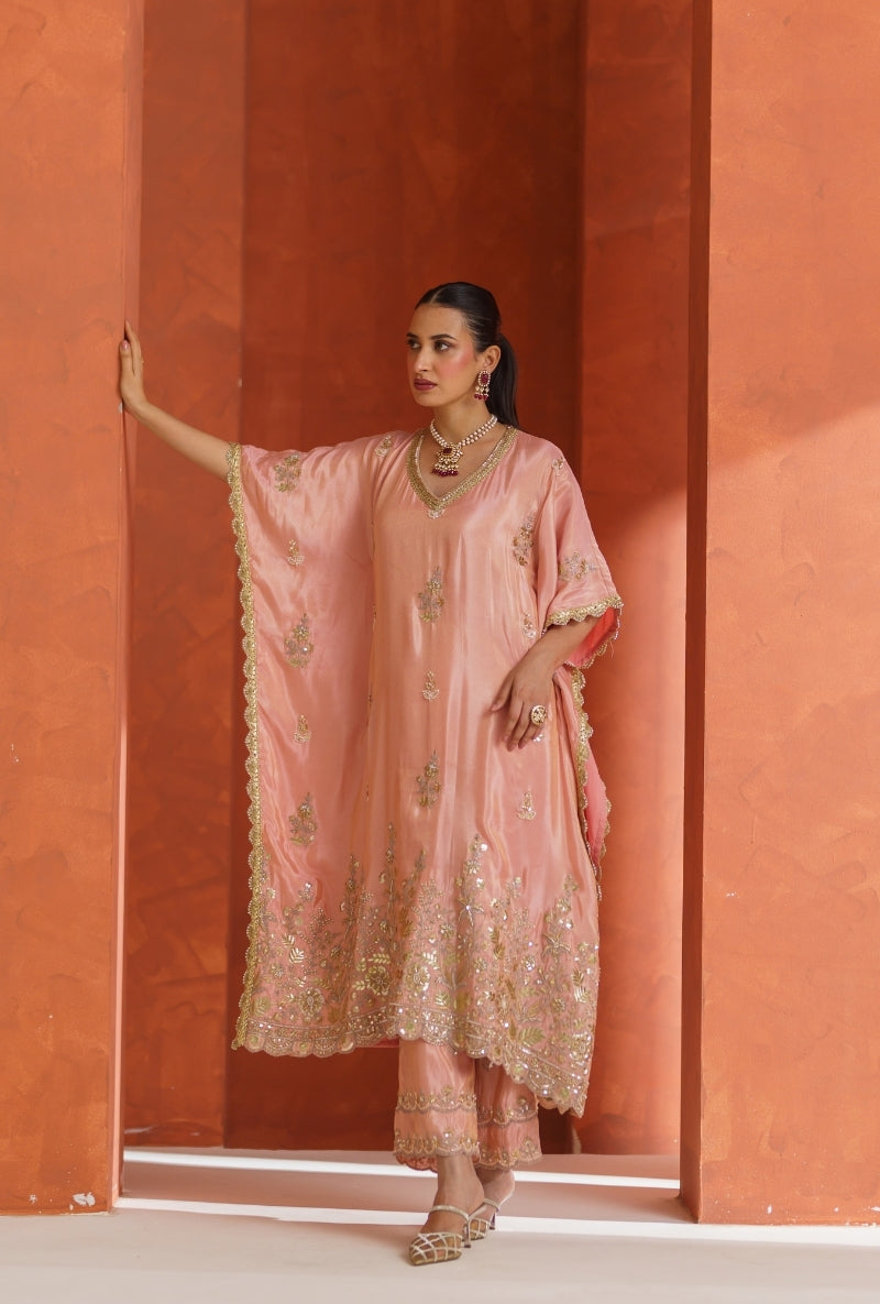 Light Pink Sequin &amp; Zari Work Vira Kaftan Set