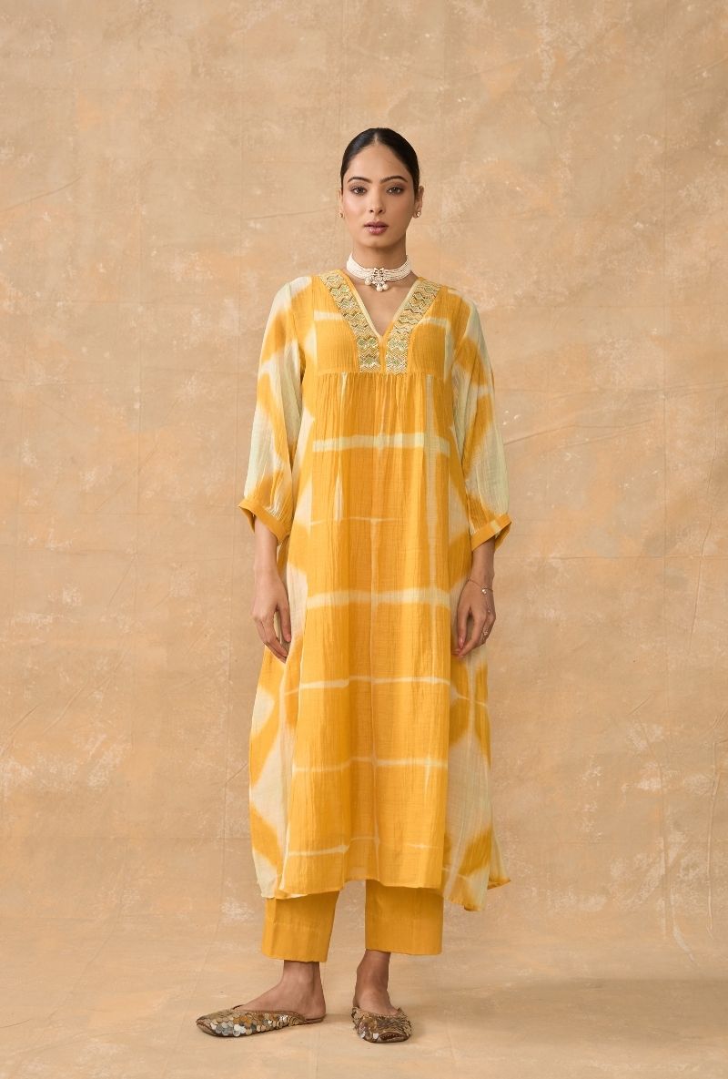 Yellow Beaded Neck Clamp Dye Ruhi 2.0  Kurta Set