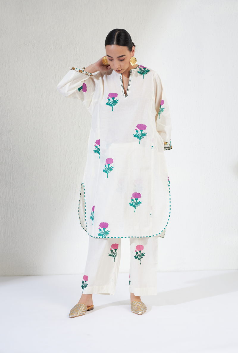 White Round Hem Hand Block Print Gulnar Olivia Kurta Set
