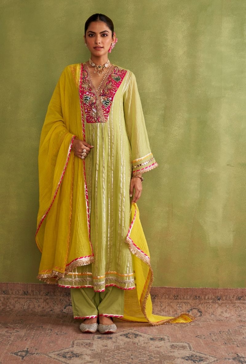 Mint Green Embroidered Overlap Morbagh Kurta Set
