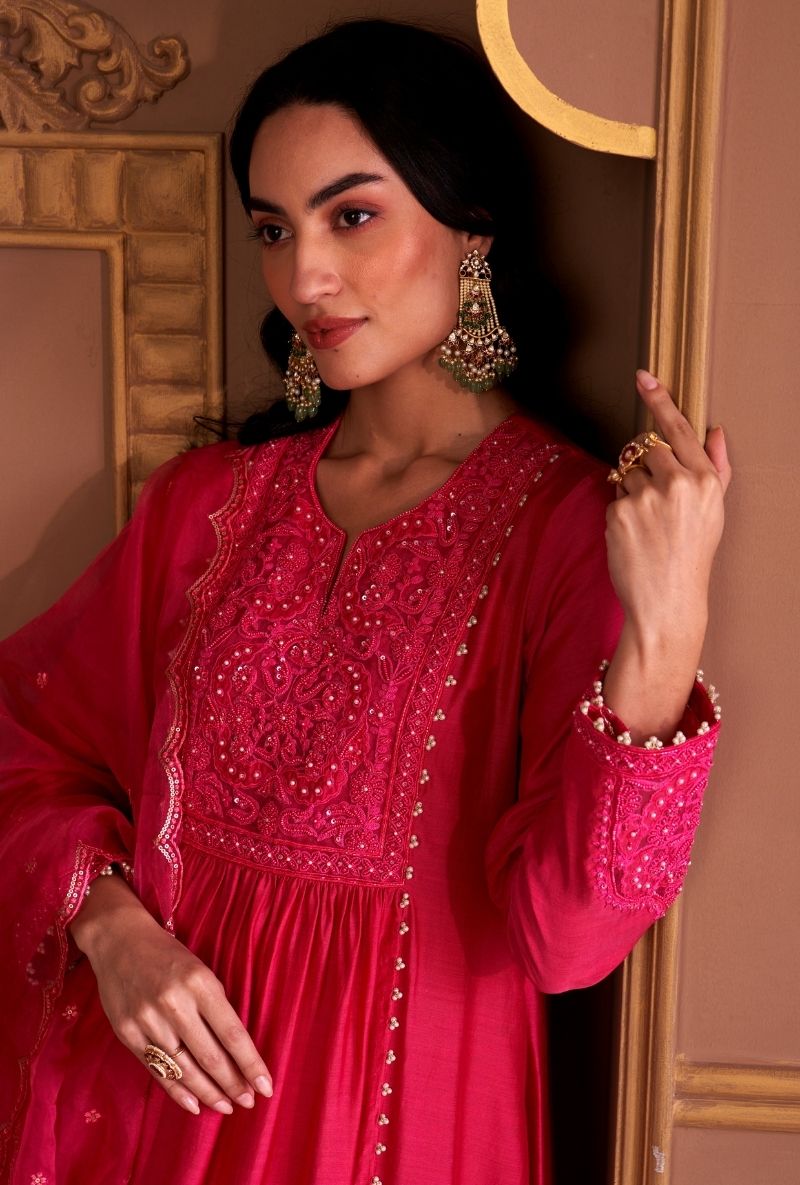 Pink Bead Yoke Rasia Kurta Set