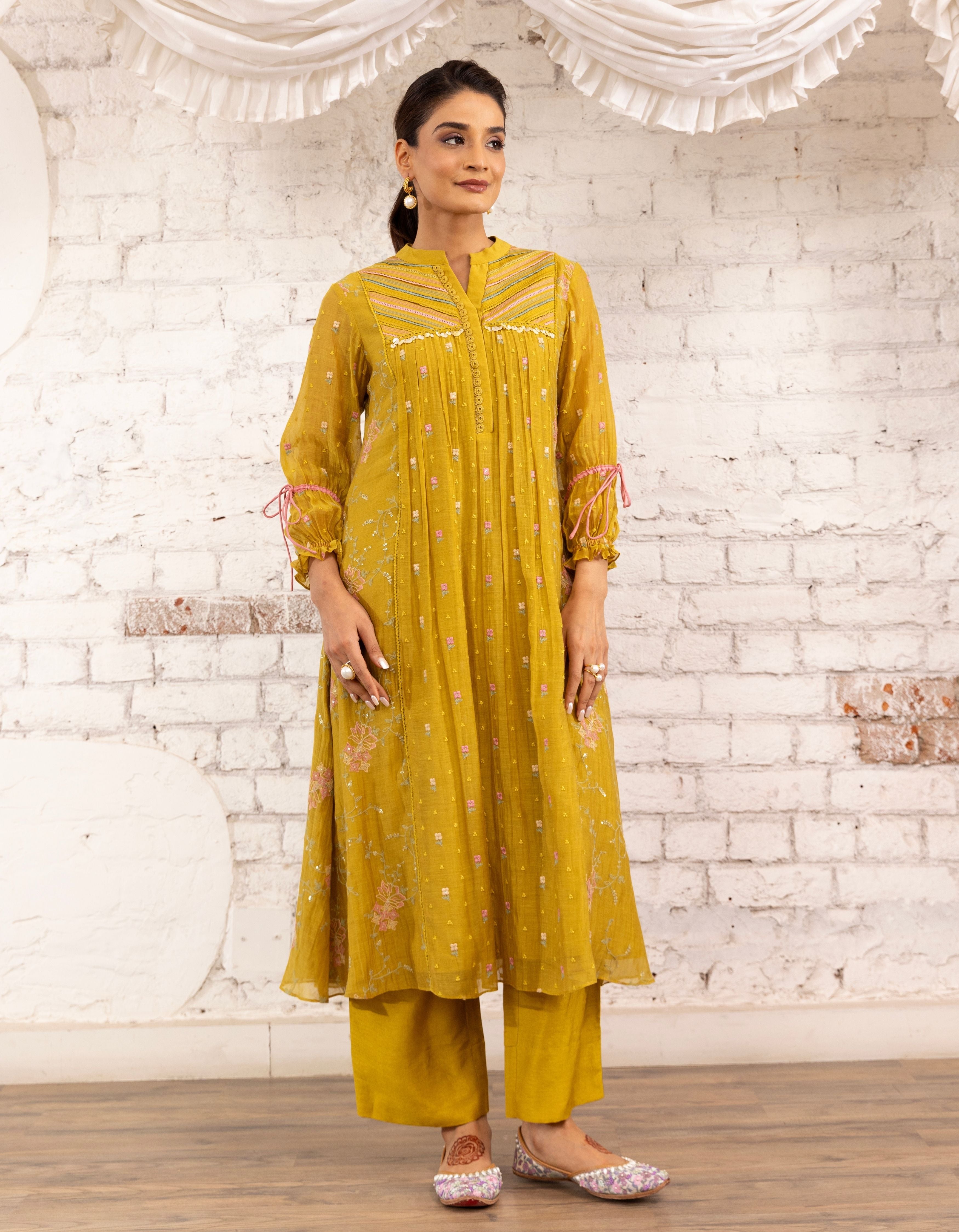 Mustard Threadwork Short Yoke  Noor Kurta Set