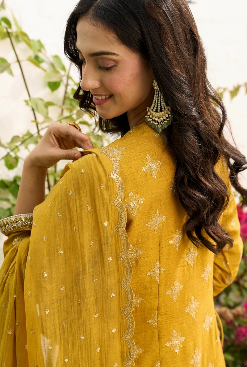 Mustard Long Embroidered Sabah Kurta Set