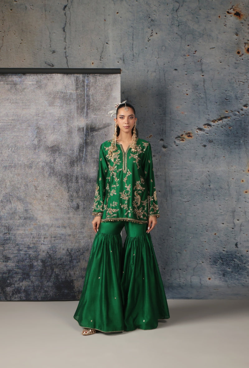 Green Heavy Jaal Embroidery Nihira Sharara Set