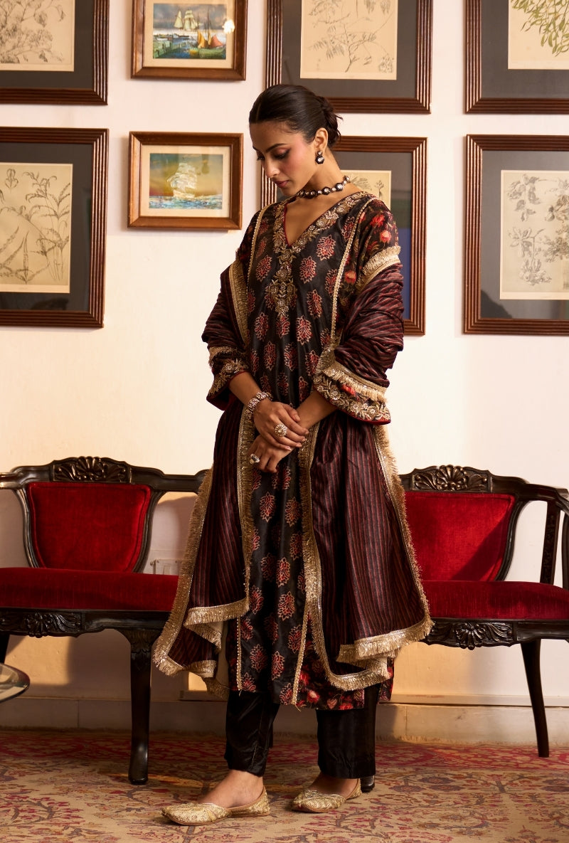 Charcoal Black Printed Panel Dilbar Kurta Set