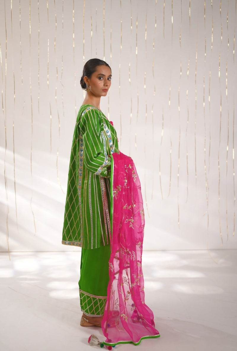 Grass Green Gota Lace Patti Short Mehreen Kurta Set