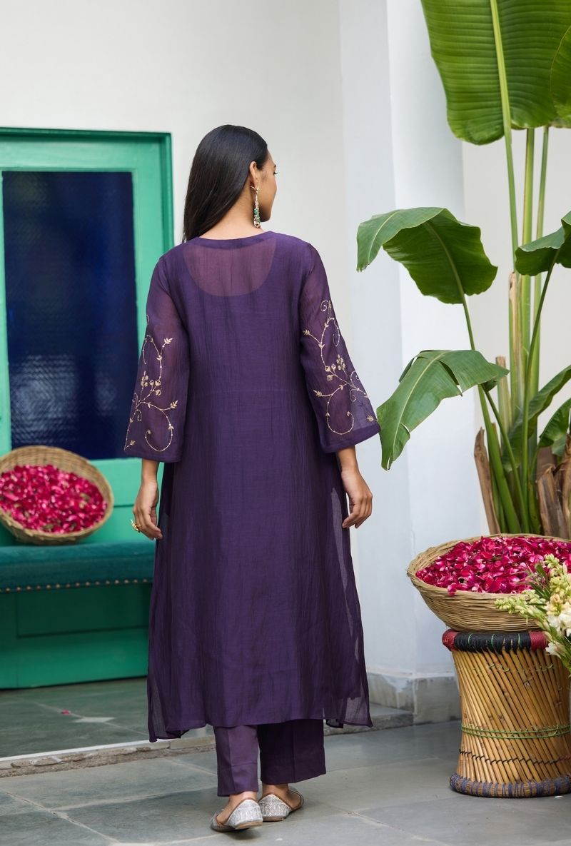 Purple Embroidered Front Gather Urvi Kurta Set