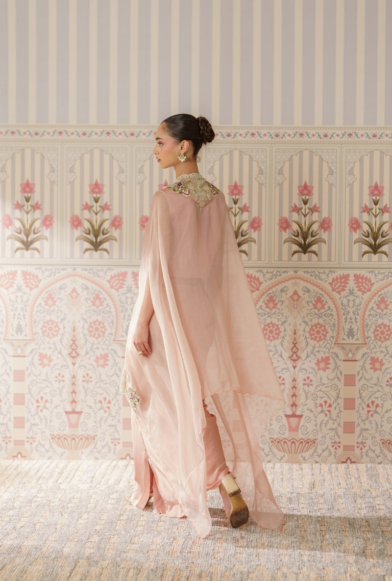 Powder Pink Pearl And Resham Mallika Cape Set