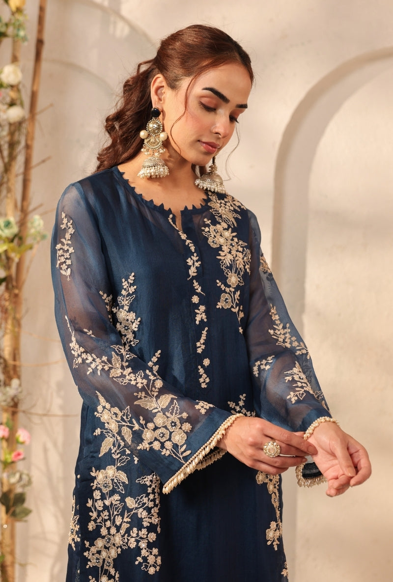 Dark Blue Jaal Straight Saaz Kurta Set