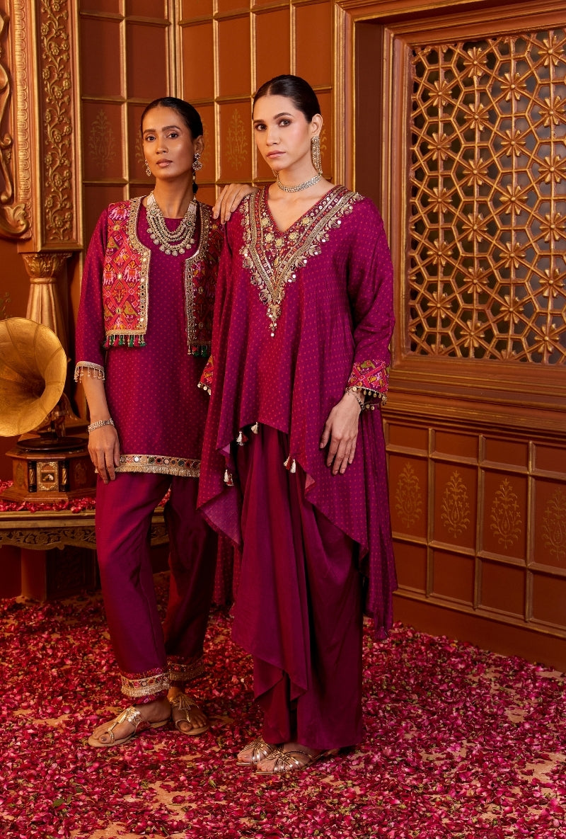 Wine Heavy Embroidered Yoke Bandhani Print Oorja Skirt Set