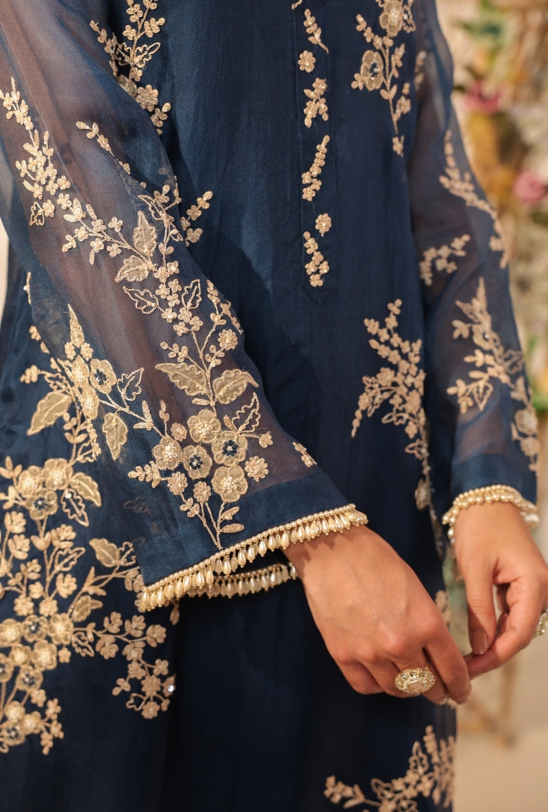 Dark Blue Jaal Straight Saaz Kurta Set