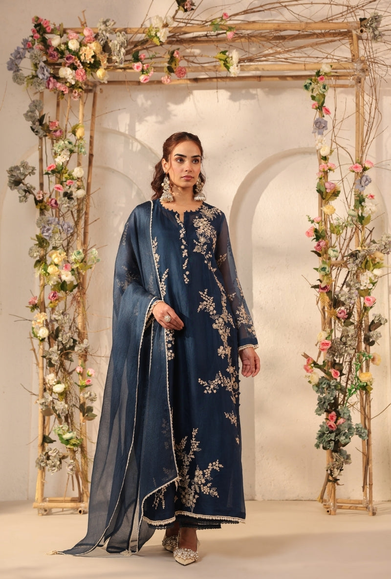 Dark Blue Jaal Straight Saaz Kurta Set