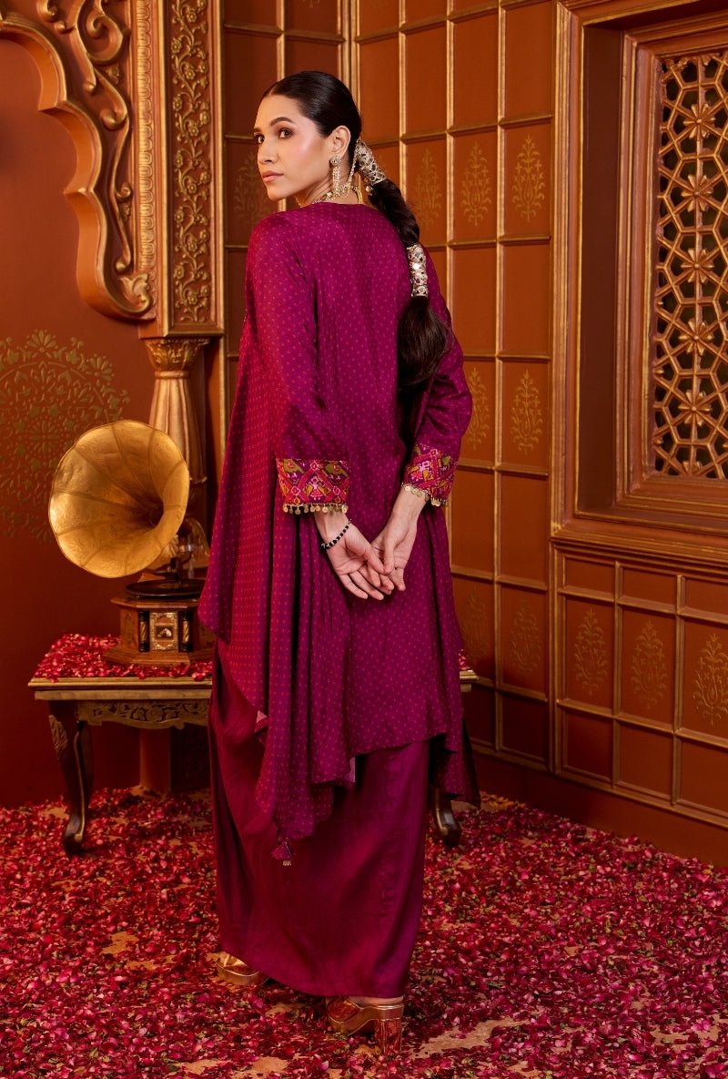 Wine Heavy Embroidered Yoke Bandhani Print Oorja Skirt Set