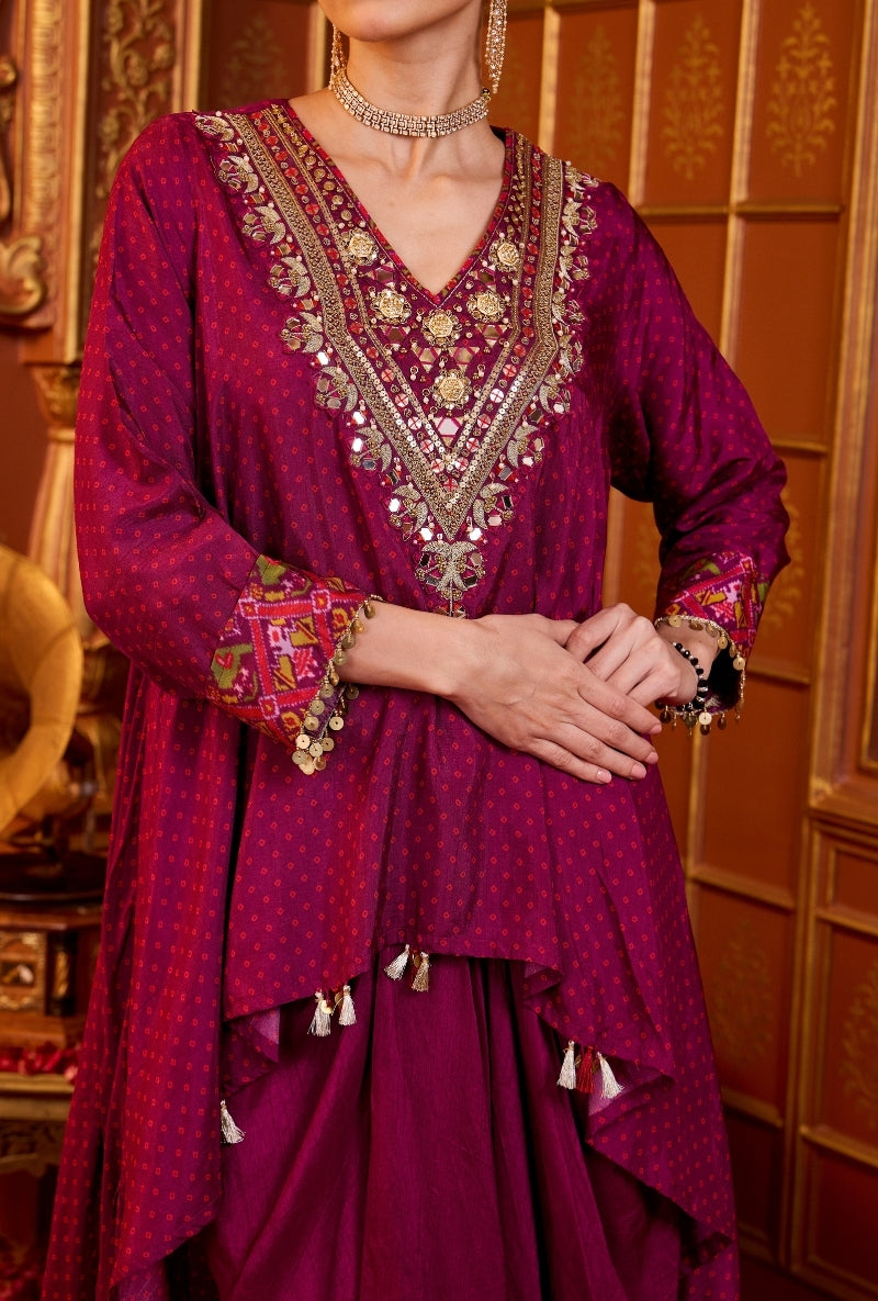 Wine Heavy Embroidered Yoke Bandhani Print Oorja Skirt Set