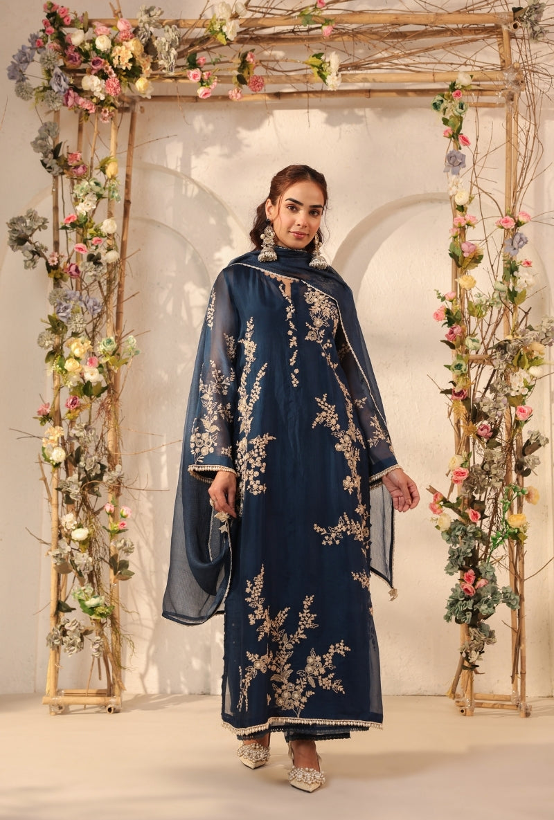 Dark Blue Jaal Straight Saaz Kurta Set