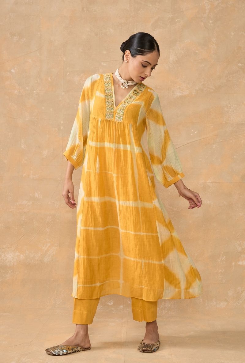 Yellow Beaded Neck Clamp Dye Ruhi 2.0  Kurta Set