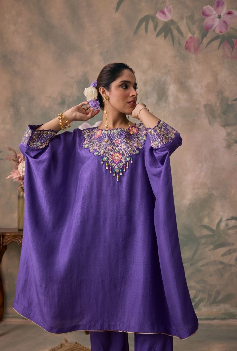 Purple Embroidered Neck Jalsa Kaftan  Set