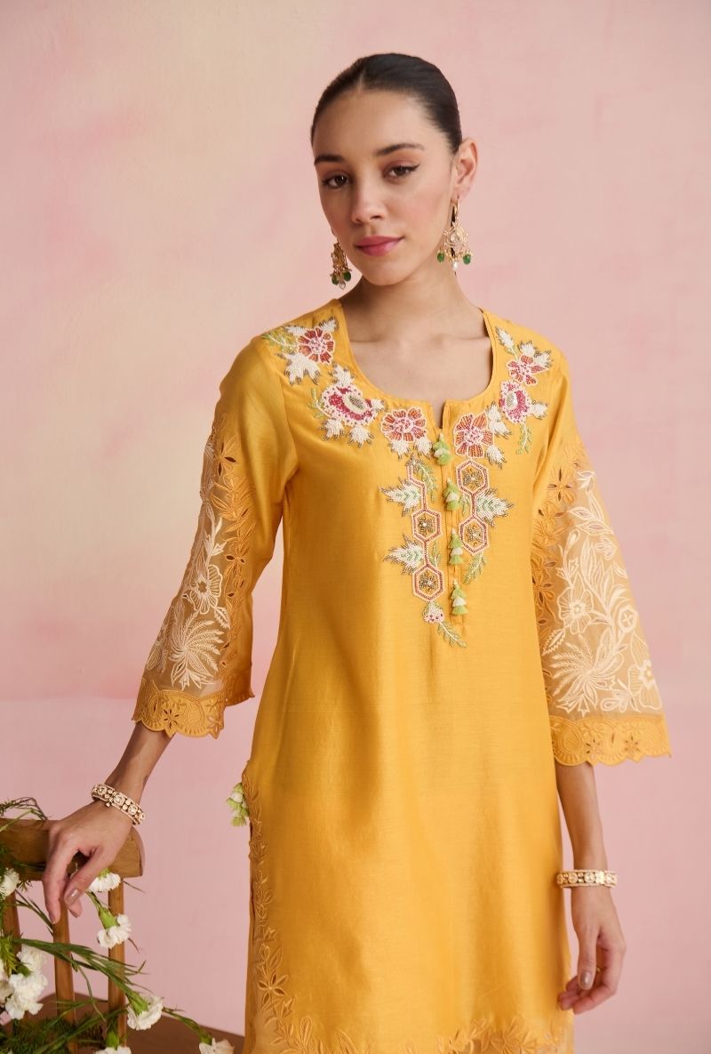 Yellow Emroidered Yoke Amara Kurta Set
