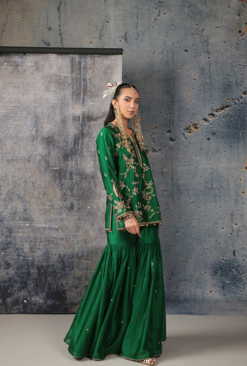 Green Heavy Jaal Embroidery Nihira Sharara Set
