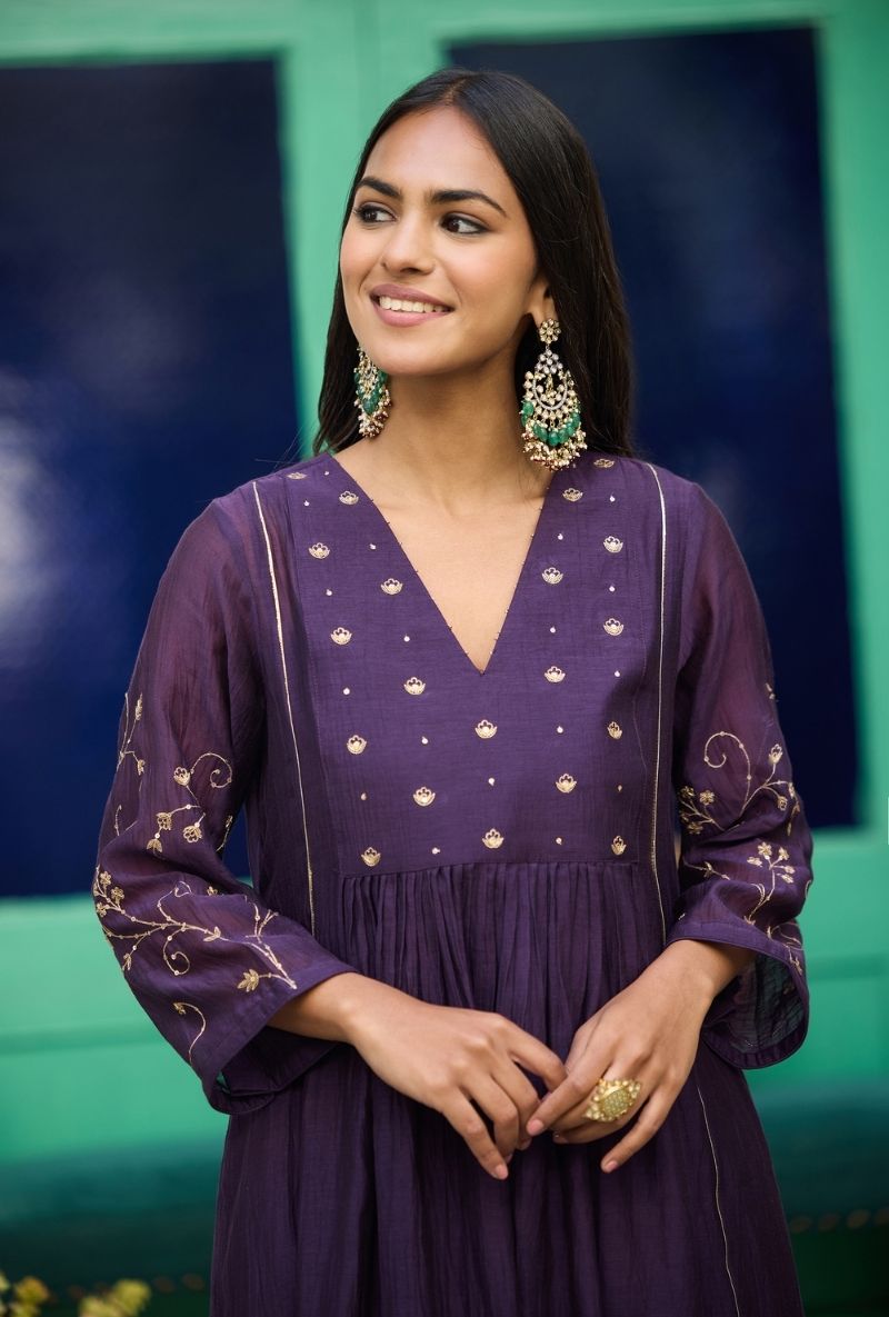 Purple Embroidered Front Gather Urvi Kurta Set