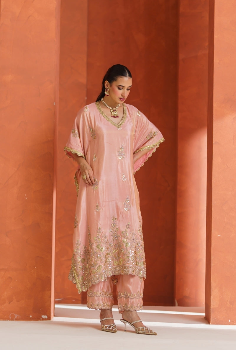Light Pink Sequin &amp; Zari Work Vira Kaftan Set