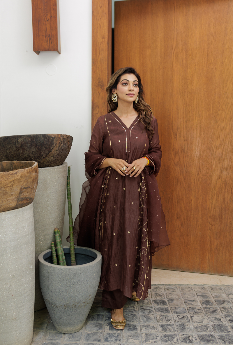 Meghna Nayyar in Brown Embroidered Side Panels Urvi Kurta Set