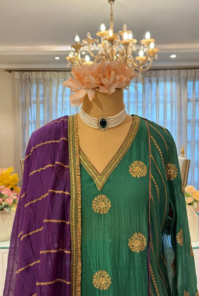 Emerald Green Zari &amp; Sequin Work Kashni Gharara Set