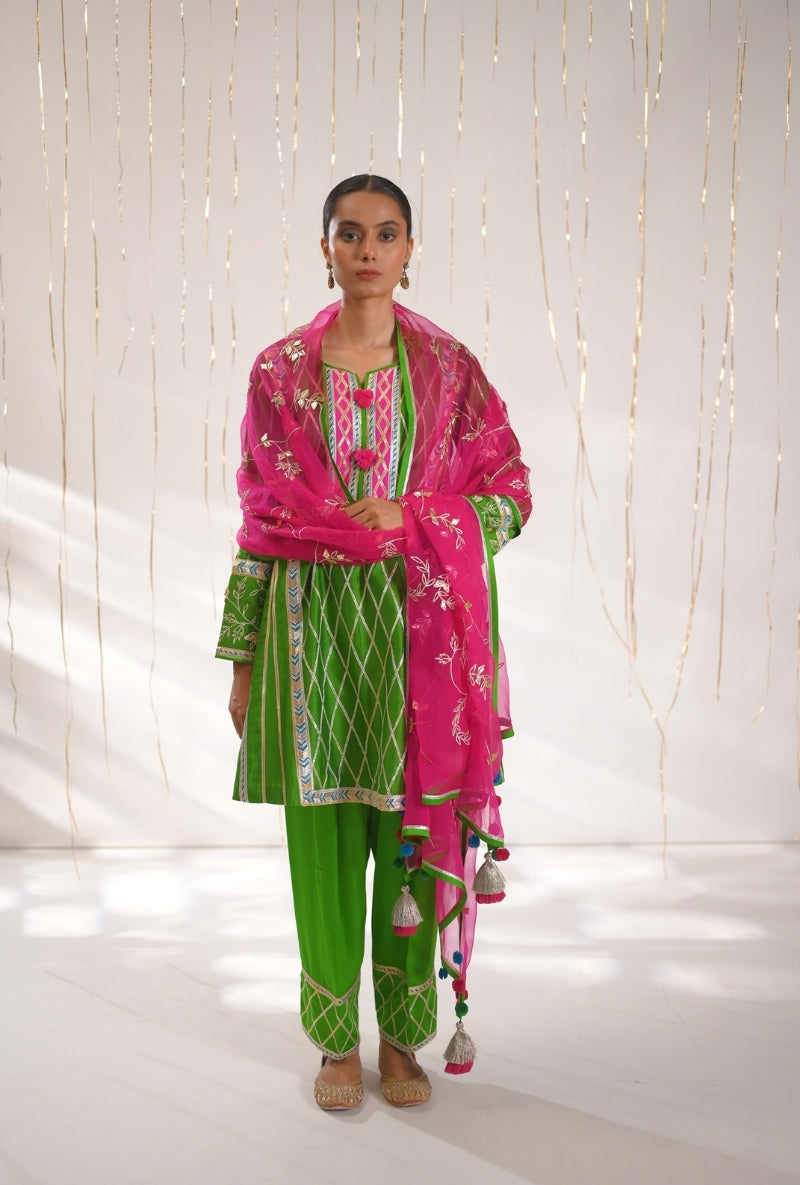 Grass Green Gota Lace Patti Short Mehreen Kurta Set