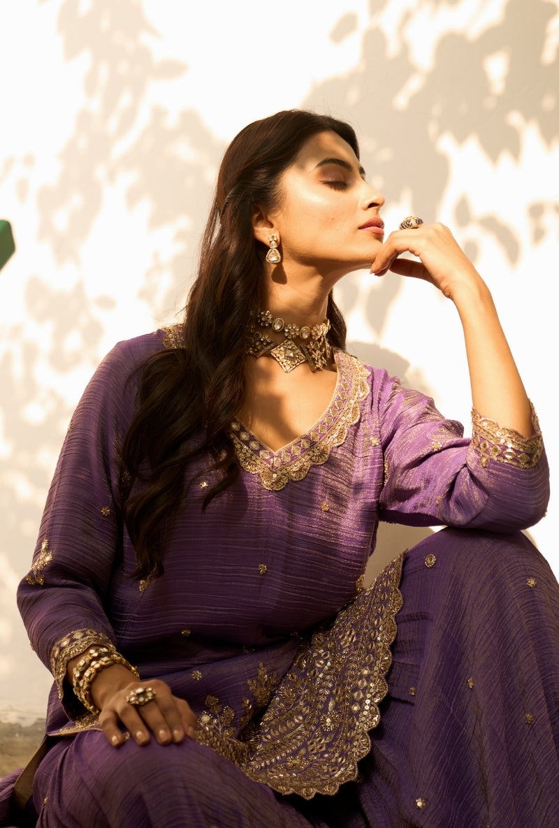 Purple Bead Work Nadira Sharara Set